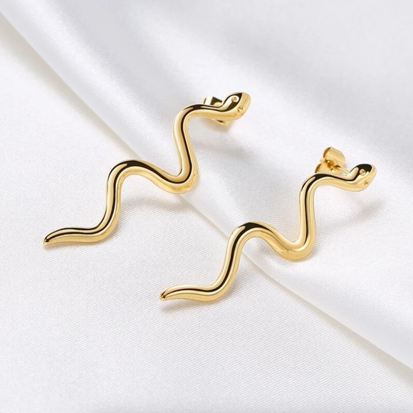 Gold Snake Minimalist Drop Earrings - Picture 5 of 6